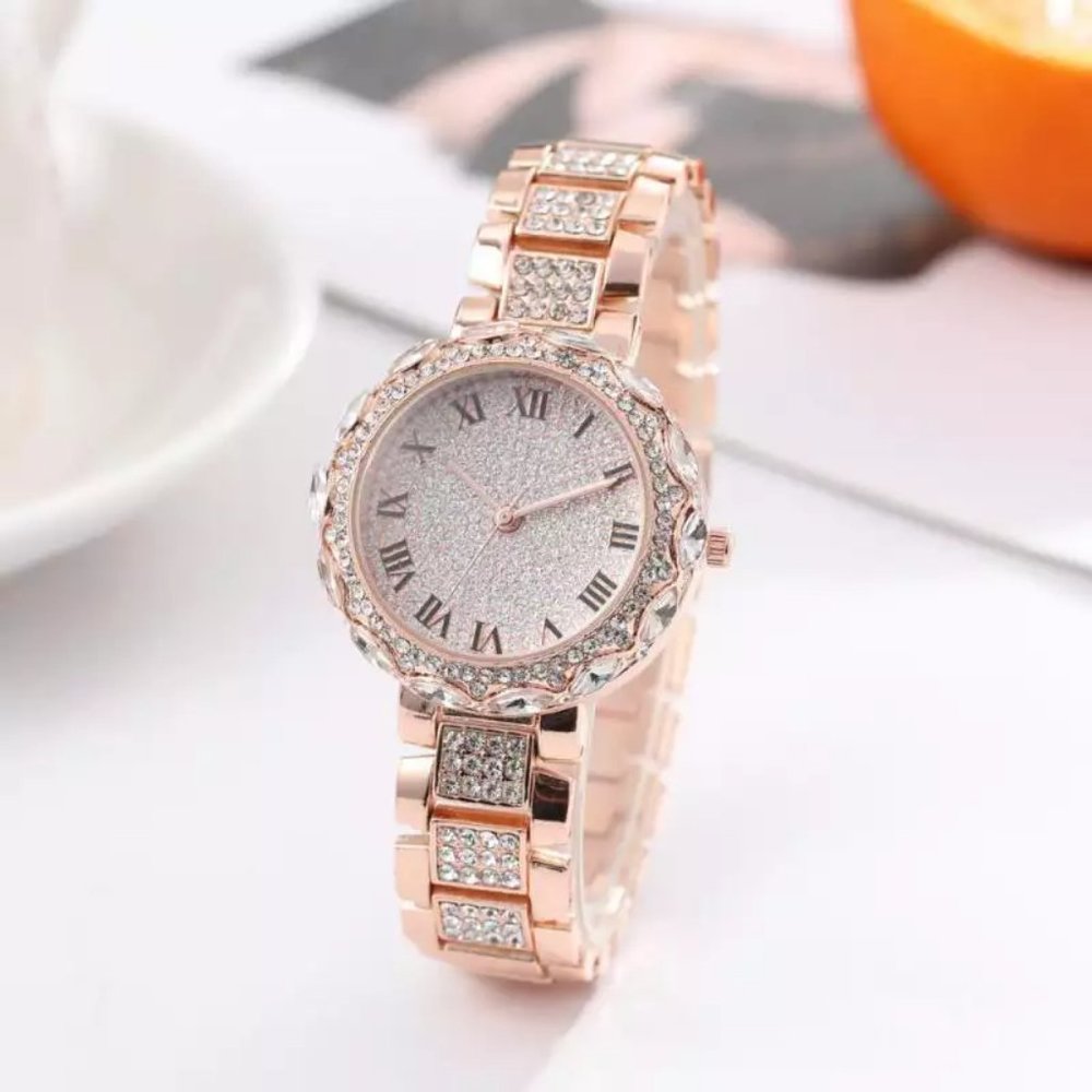 Rose Gold Bling Stones Ladies Watch Roman Numbers Iced Out Watch Sparkling